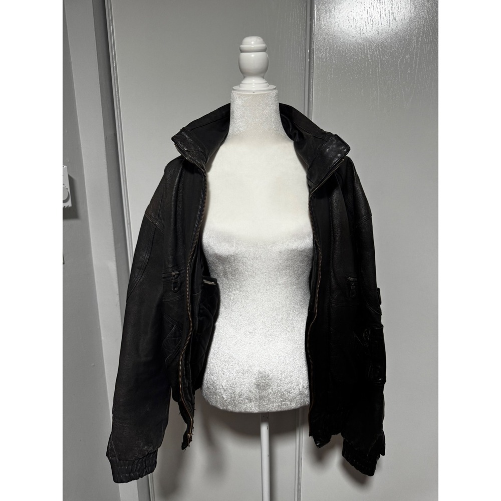 Vintage Weekends Genuine Leather‎ Bomber Jacket Mens Size M Black Zip Up Collar - Picture 7 of 8